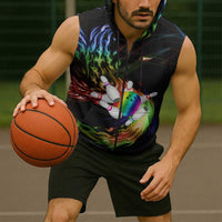 Custom Bowling Quarter Rainbow fFame Bowling Ball Sleeveless Zip Hoodie with Colorful Flaming Strike Design Rainbow Ball - Wonder Print Shop