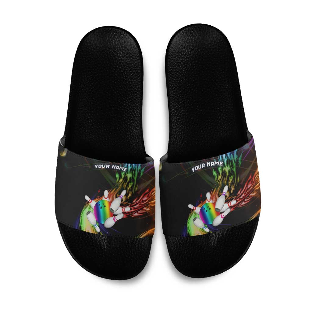 Custom Bowling Quarter Rainbow fFame Bowling Ball Slide Sandals with Colorful Flaming Strike Design Rainbow Ball - Wonder Print Shop