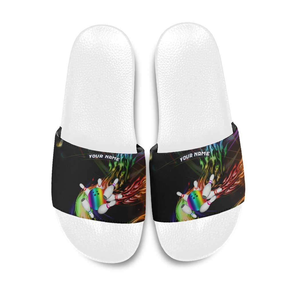 Custom Bowling Quarter Rainbow fFame Bowling Ball Slide Sandals with Colorful Flaming Strike Design Rainbow Ball - Wonder Print Shop