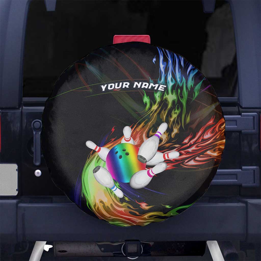 Custom Bowling Quarter Rainbow fFame Bowling Ball Spare Tire Cover with Colorful Flaming Strike Design Rainbow Ball - Wonder Print Shop