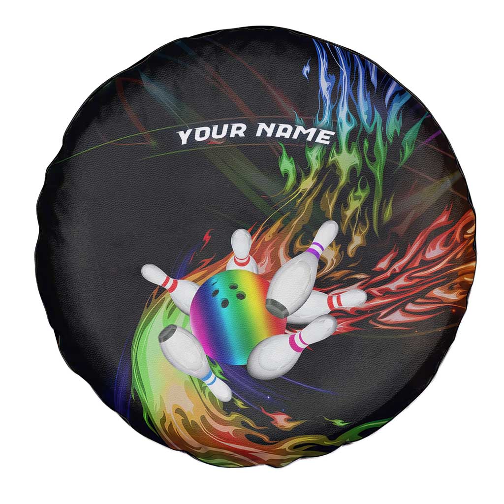 Custom Bowling Quarter Rainbow fFame Bowling Ball Spare Tire Cover with Colorful Flaming Strike Design Rainbow Ball - Wonder Print Shop