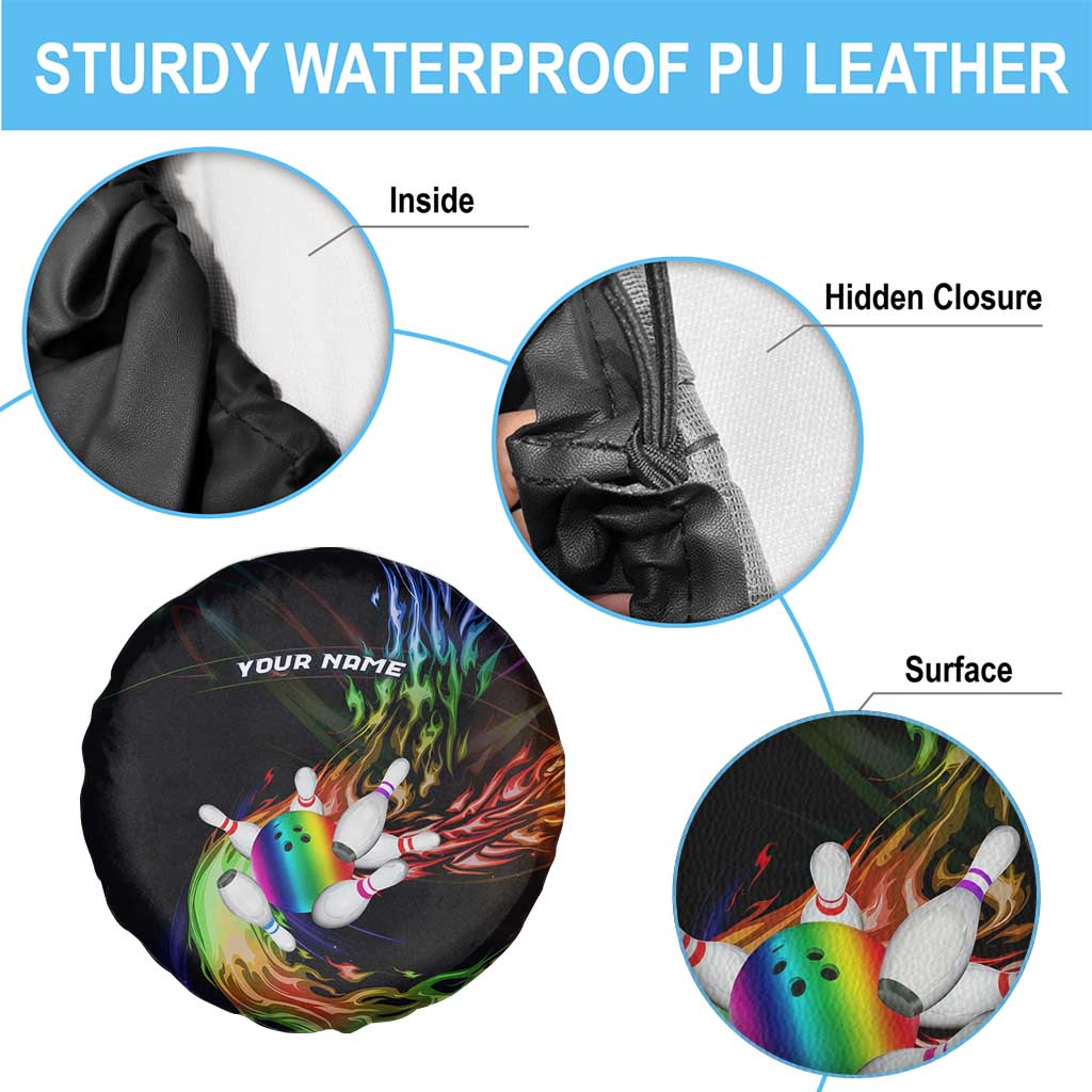 Custom Bowling Quarter Rainbow fFame Bowling Ball Spare Tire Cover with Colorful Flaming Strike Design Rainbow Ball - Wonder Print Shop