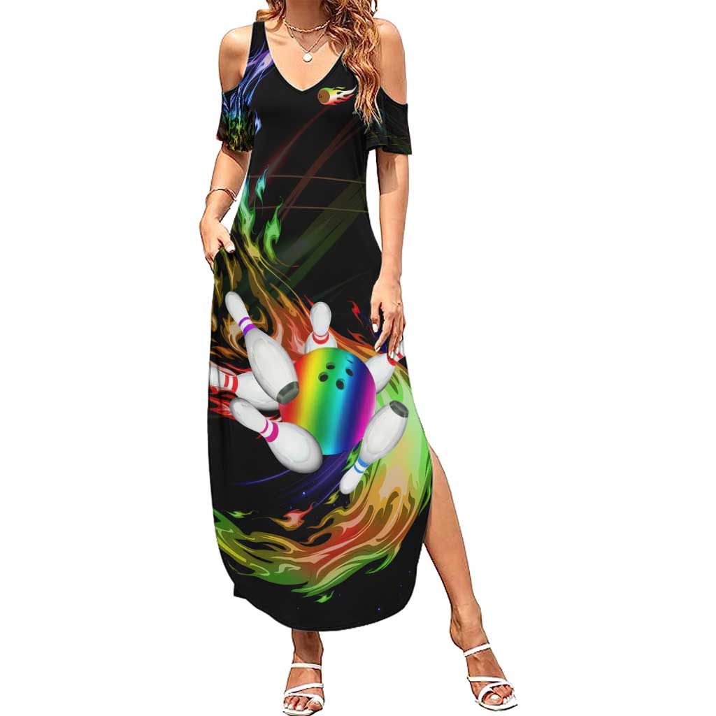 Custom Bowling Quarter Rainbow fFame Bowling Ball Summer Maxi Dress with Colorful Flaming Strike Design Rainbow Ball - Wonder Print Shop