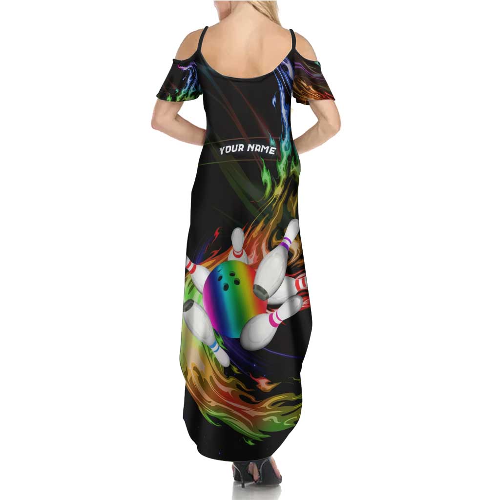 Custom Bowling Quarter Rainbow fFame Bowling Ball Summer Maxi Dress with Colorful Flaming Strike Design Rainbow Ball - Wonder Print Shop