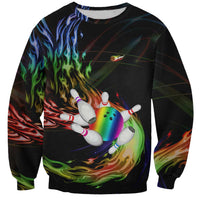 Custom Bowling Quarter Rainbow fFame Bowling Ball Sweatshirt with Colorful Flaming Strike Design Rainbow Ball - Wonder Print Shop