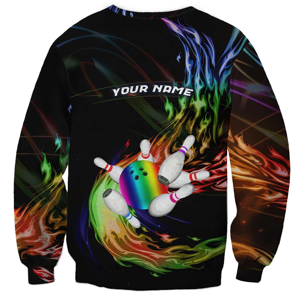 Custom Bowling Quarter Rainbow fFame Bowling Ball Sweatshirt with Colorful Flaming Strike Design Rainbow Ball - Wonder Print Shop