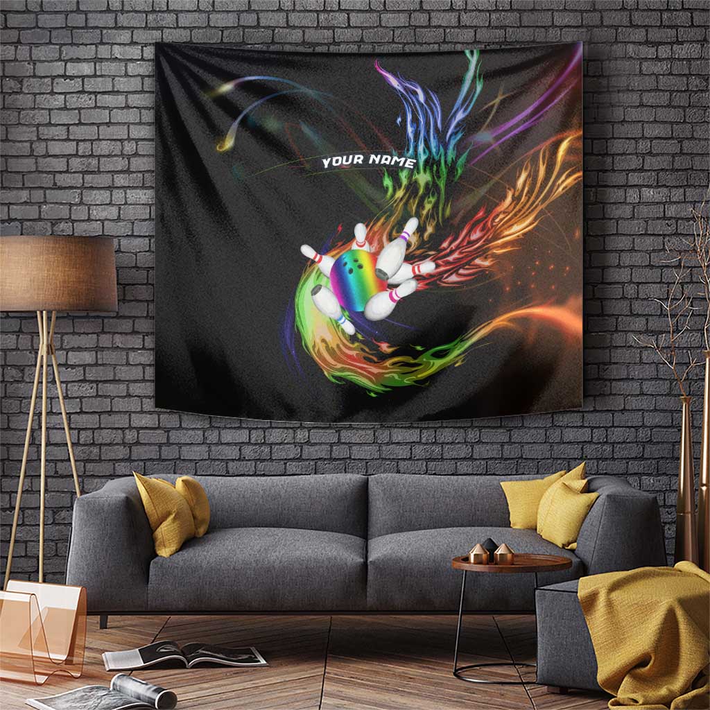 Custom Bowling Quarter Rainbow fFame Bowling Ball Tapestry with Colorful Flaming Strike Design Rainbow Ball - Wonder Print Shop