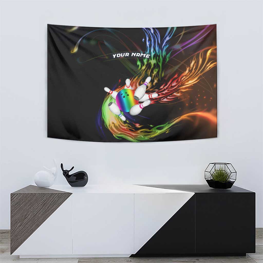 Custom Bowling Quarter Rainbow fFame Bowling Ball Tapestry with Colorful Flaming Strike Design Rainbow Ball - Wonder Print Shop