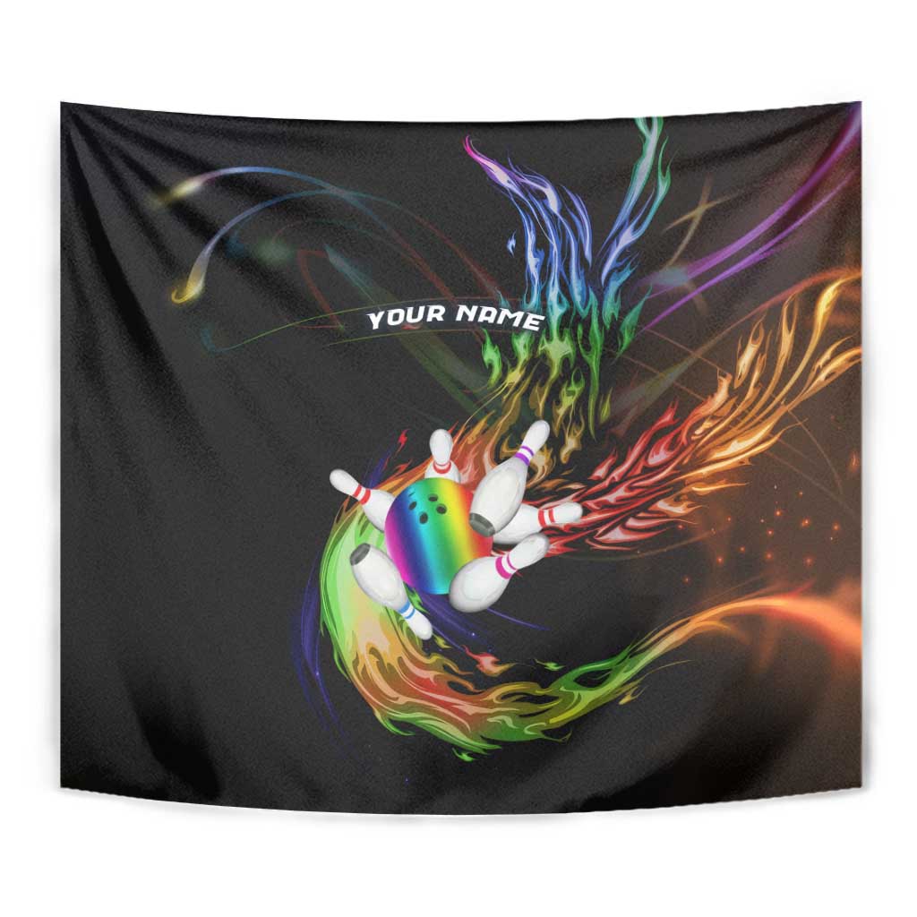 Custom Bowling Quarter Rainbow fFame Bowling Ball Tapestry with Colorful Flaming Strike Design Rainbow Ball - Wonder Print Shop