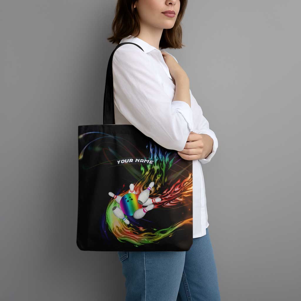 Custom Bowling Quarter Rainbow fFame Bowling Ball Tote Bag with Colorful Flaming Strike Design Rainbow Ball - Wonder Print Shop