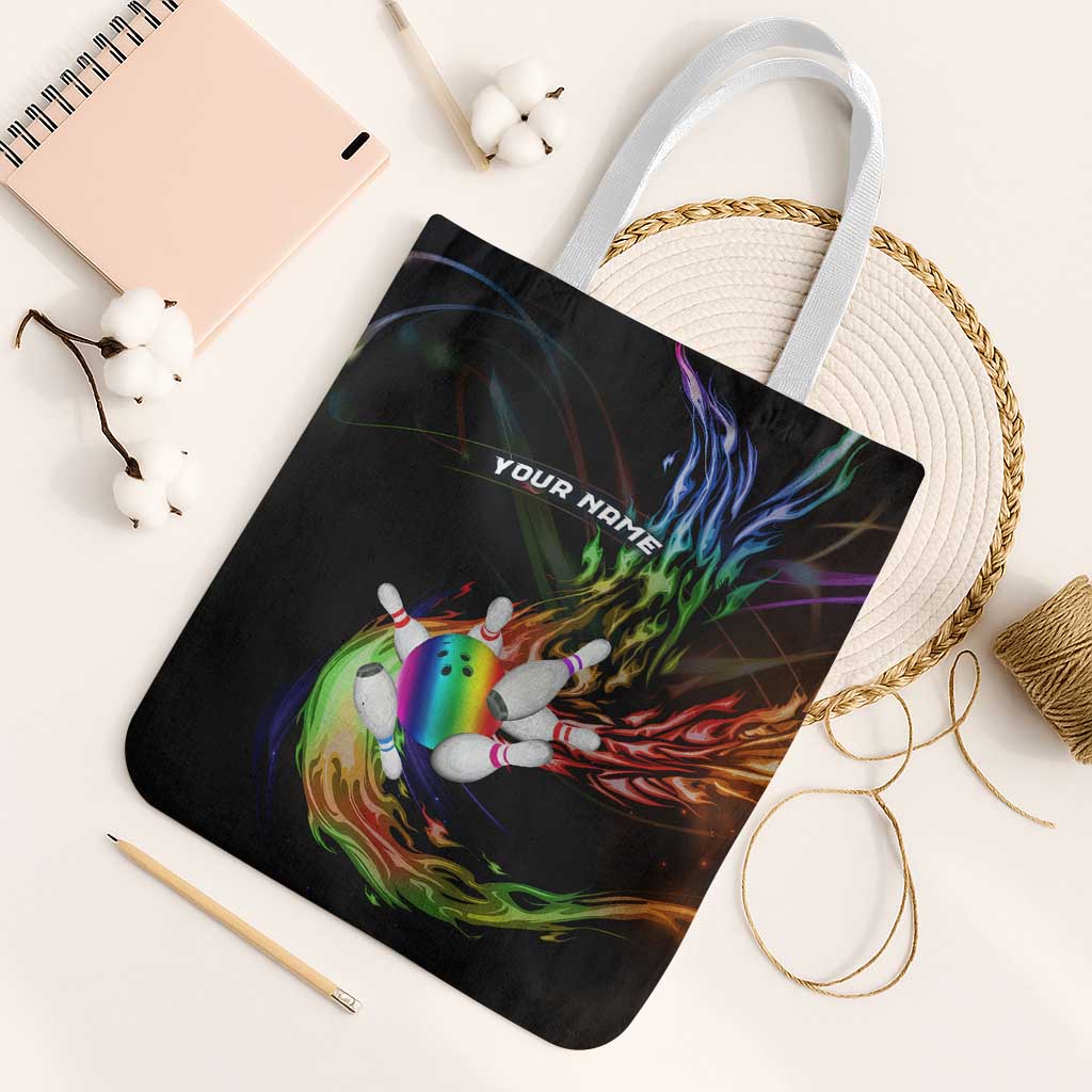 Custom Bowling Quarter Rainbow fFame Bowling Ball Tote Bag with Colorful Flaming Strike Design Rainbow Ball - Wonder Print Shop