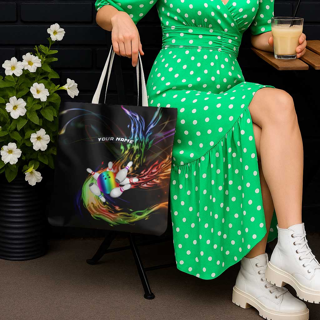 Custom Bowling Quarter Rainbow fFame Bowling Ball Tote Bag with Colorful Flaming Strike Design Rainbow Ball - Wonder Print Shop