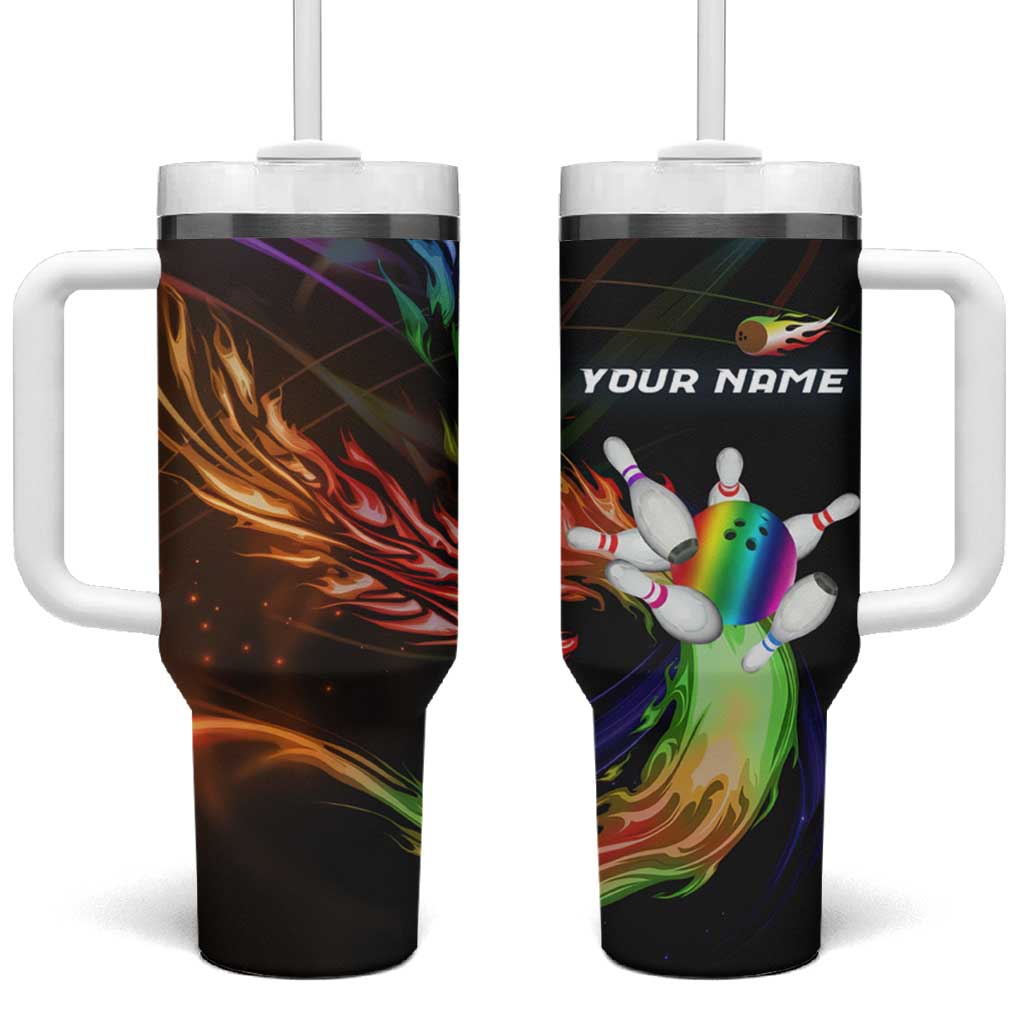 Custom Bowling Quarter Rainbow fFame Bowling Ball Tumbler With Handle with Colorful Flaming Strike Design Rainbow Ball - Wonder Print Shop