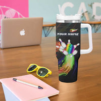 Custom Bowling Quarter Rainbow fFame Bowling Ball Tumbler With Handle with Colorful Flaming Strike Design Rainbow Ball - Wonder Print Shop