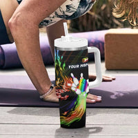 Custom Bowling Quarter Rainbow fFame Bowling Ball Tumbler With Handle with Colorful Flaming Strike Design Rainbow Ball - Wonder Print Shop
