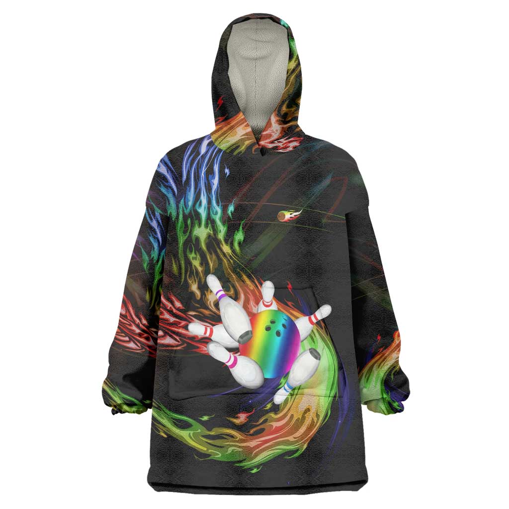 Custom Bowling Quarter Rainbow fFame Bowling Ball Wearable Blanket Hoodie with Colorful Flaming Strike Design Rainbow Ball - Wonder Print Shop