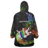 Custom Bowling Quarter Rainbow fFame Bowling Ball Wearable Blanket Hoodie with Colorful Flaming Strike Design Rainbow Ball - Wonder Print Shop