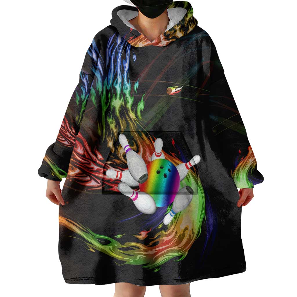 Custom Bowling Quarter Rainbow fFame Bowling Ball Wearable Blanket Hoodie with Colorful Flaming Strike Design Rainbow Ball - Wonder Print Shop