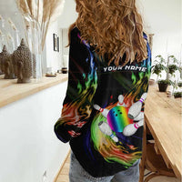 Custom Bowling Quarter Rainbow fFame Bowling Ball Women Casual Shirt with Colorful Flaming Strike Design Rainbow Ball - Wonder Print Shop