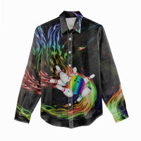 Custom Bowling Quarter Rainbow fFame Bowling Ball Women Casual Shirt with Colorful Flaming Strike Design Rainbow Ball - Wonder Print Shop