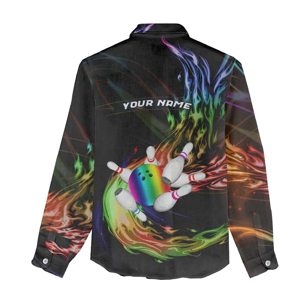 Custom Bowling Quarter Rainbow fFame Bowling Ball Women Casual Shirt with Colorful Flaming Strike Design Rainbow Ball - Wonder Print Shop