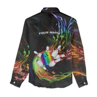 Custom Bowling Quarter Rainbow fFame Bowling Ball Women Casual Shirt with Colorful Flaming Strike Design Rainbow Ball - Wonder Print Shop
