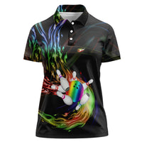 Custom Bowling Quarter Rainbow fFame Bowling Ball Women Polo Shirt with Colorful Flaming Strike Design Rainbow Ball - Wonder Print Shop