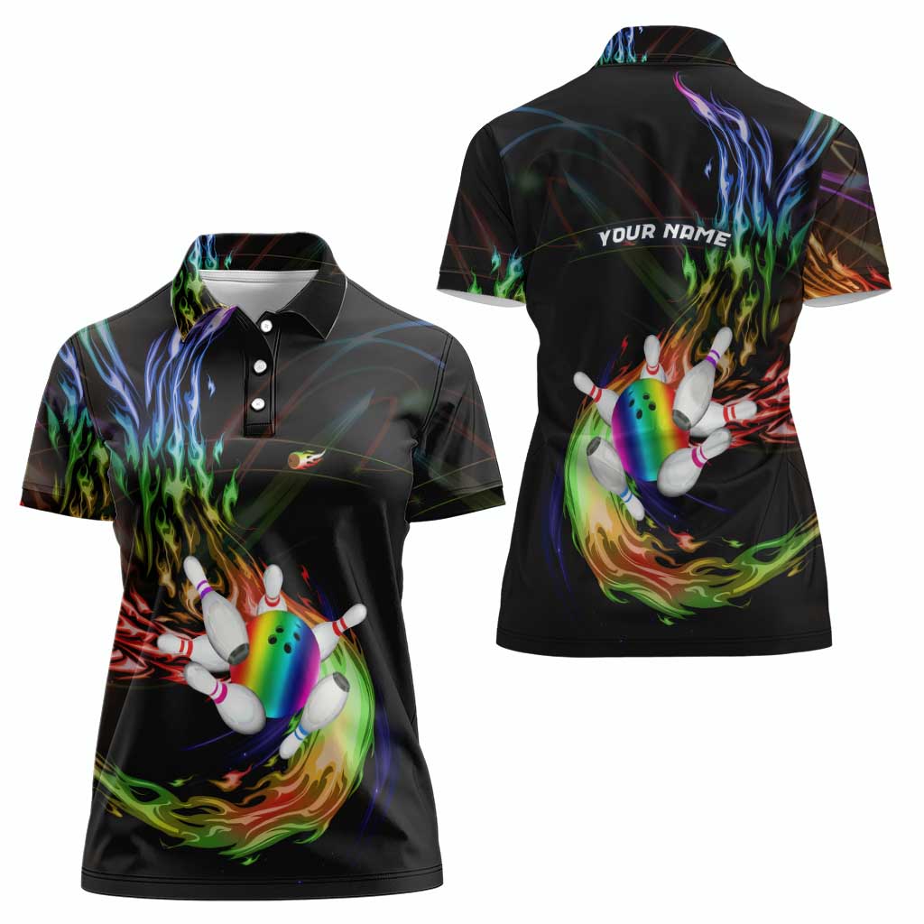 Custom Bowling Quarter Rainbow fFame Bowling Ball Women Polo Shirt with Colorful Flaming Strike Design Rainbow Ball - Wonder Print Shop