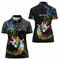 Custom Bowling Quarter Rainbow fFame Bowling Ball Women Polo Shirt with Colorful Flaming Strike Design Rainbow Ball - Wonder Print Shop