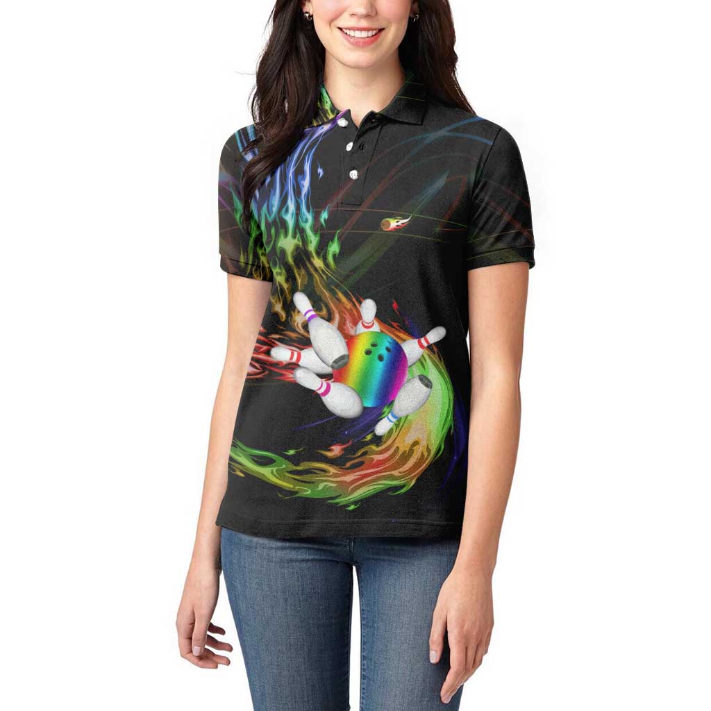 Custom Bowling Quarter Rainbow fFame Bowling Ball Women Polo Shirt with Colorful Flaming Strike Design Rainbow Ball - Wonder Print Shop