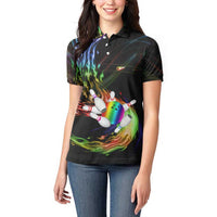 Custom Bowling Quarter Rainbow fFame Bowling Ball Women Polo Shirt with Colorful Flaming Strike Design Rainbow Ball - Wonder Print Shop