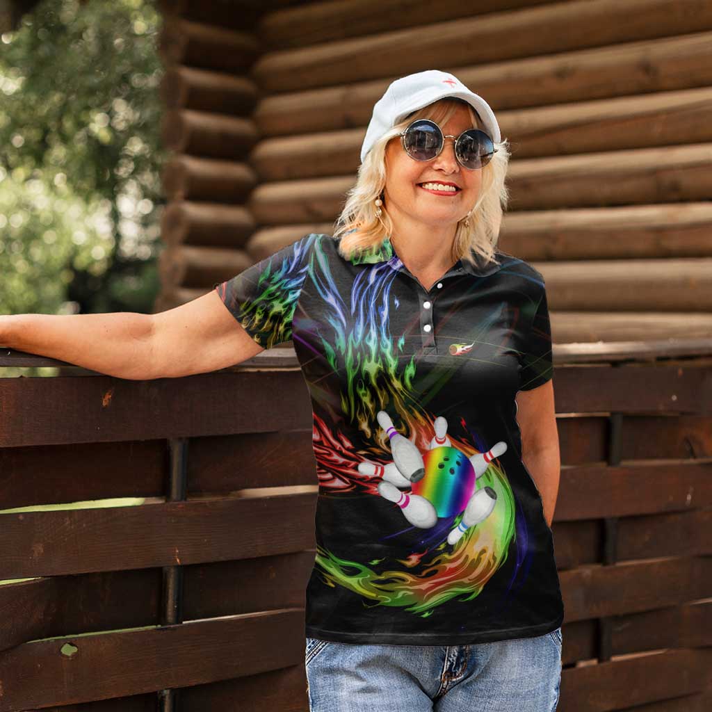 Custom Bowling Quarter Rainbow fFame Bowling Ball Women Polo Shirt with Colorful Flaming Strike Design Rainbow Ball - Wonder Print Shop