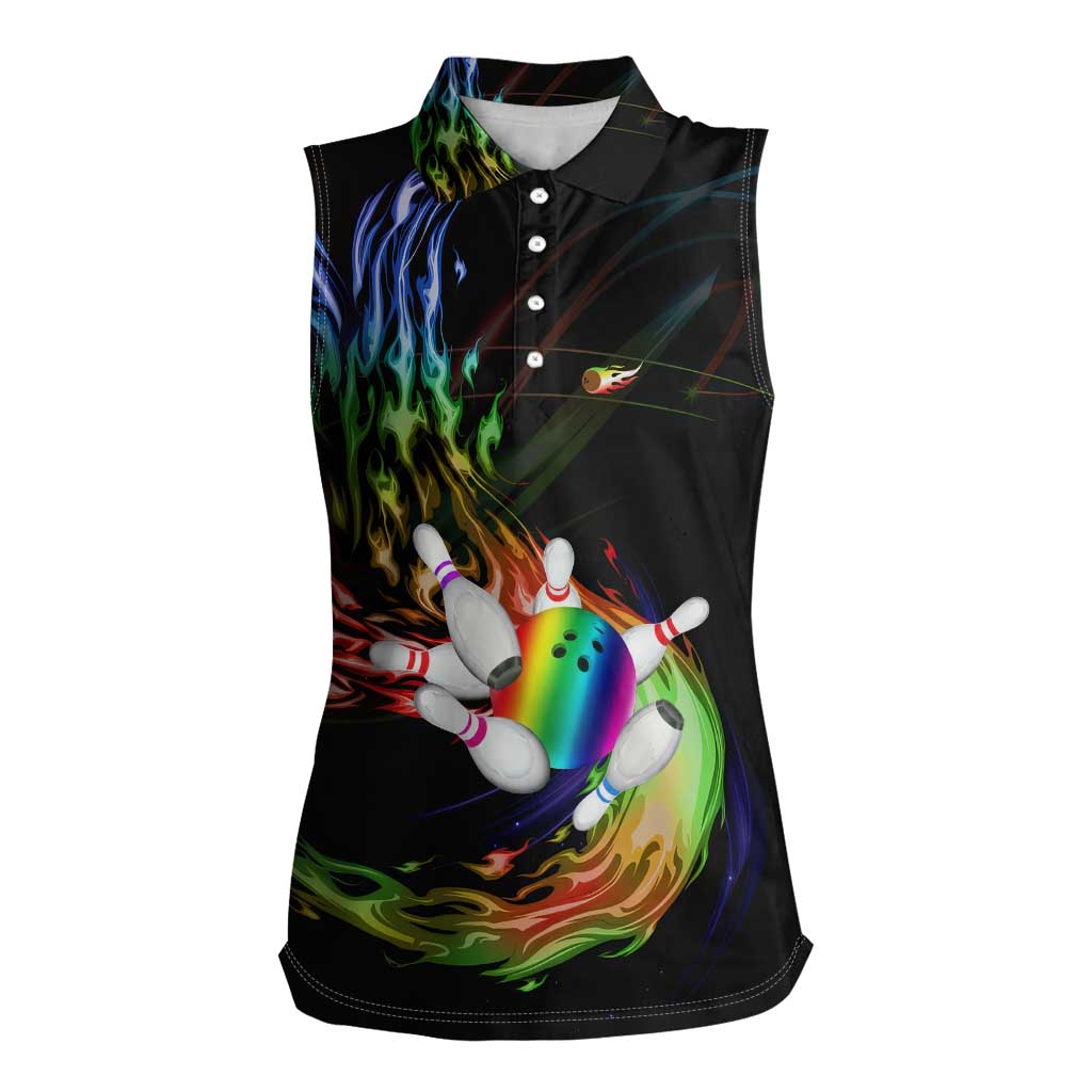 Custom Bowling Quarter Rainbow fFame Bowling Ball Women Sleeveless Polo Shirt with Colorful Flaming Strike Design Rainbow Ball - Wonder Print Shop