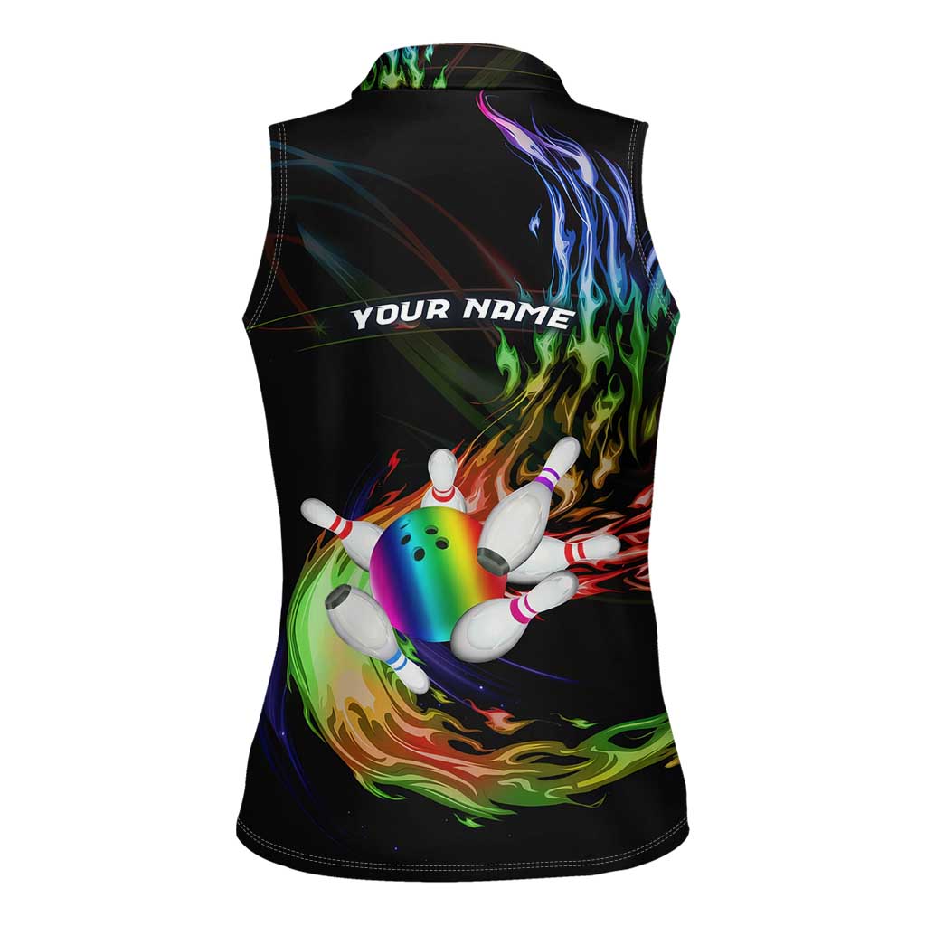 Custom Bowling Quarter Rainbow fFame Bowling Ball Women Sleeveless Polo Shirt with Colorful Flaming Strike Design Rainbow Ball - Wonder Print Shop