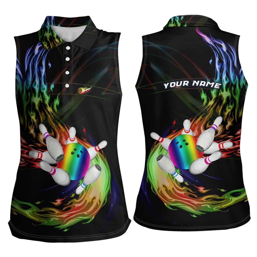 Custom Bowling Quarter Rainbow fFame Bowling Ball Women Sleeveless Polo Shirt with Colorful Flaming Strike Design Rainbow Ball - Wonder Print Shop