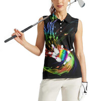 Custom Bowling Quarter Rainbow fFame Bowling Ball Women Sleeveless Polo Shirt with Colorful Flaming Strike Design Rainbow Ball - Wonder Print Shop