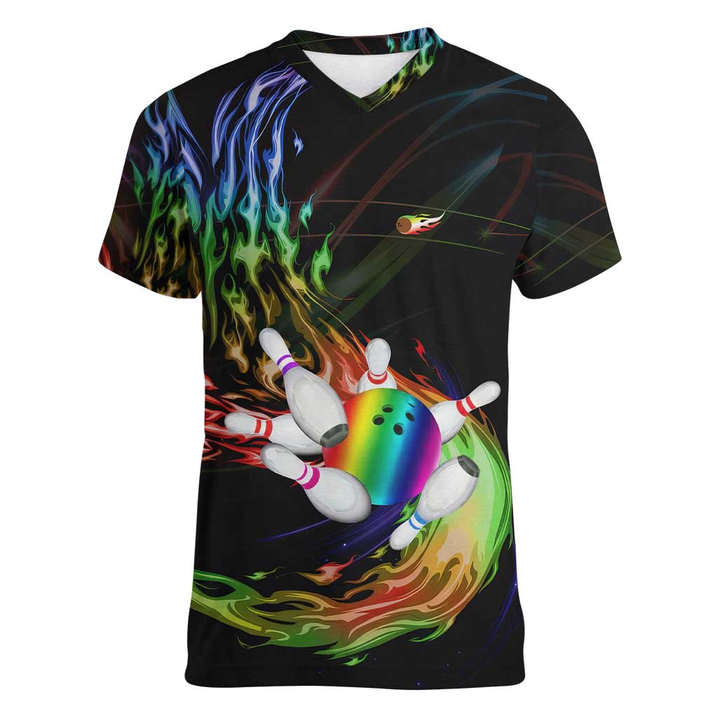 Custom Bowling Quarter Rainbow fFame Bowling Ball Women V-Neck T-Shirt with Colorful Flaming Strike Design Rainbow Ball - Wonder Print Shop
