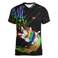 Custom Bowling Quarter Rainbow fFame Bowling Ball Women V-Neck T-Shirt with Colorful Flaming Strike Design Rainbow Ball - Wonder Print Shop