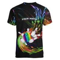 Custom Bowling Quarter Rainbow fFame Bowling Ball Women V-Neck T-Shirt with Colorful Flaming Strike Design Rainbow Ball - Wonder Print Shop