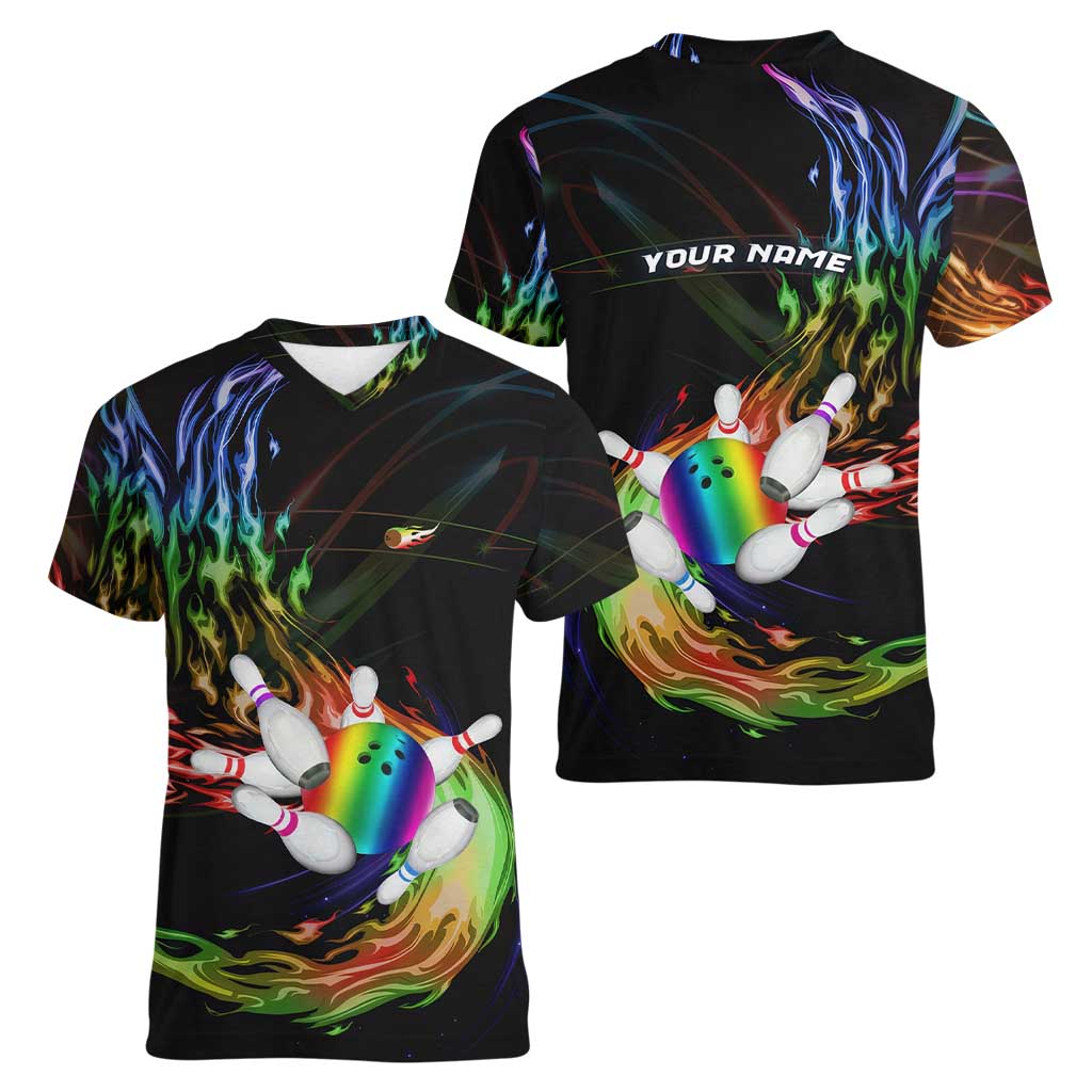 Custom Bowling Quarter Rainbow fFame Bowling Ball Women V-Neck T-Shirt with Colorful Flaming Strike Design Rainbow Ball - Wonder Print Shop