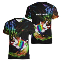 Custom Bowling Quarter Rainbow fFame Bowling Ball Women V-Neck T-Shirt with Colorful Flaming Strike Design Rainbow Ball - Wonder Print Shop