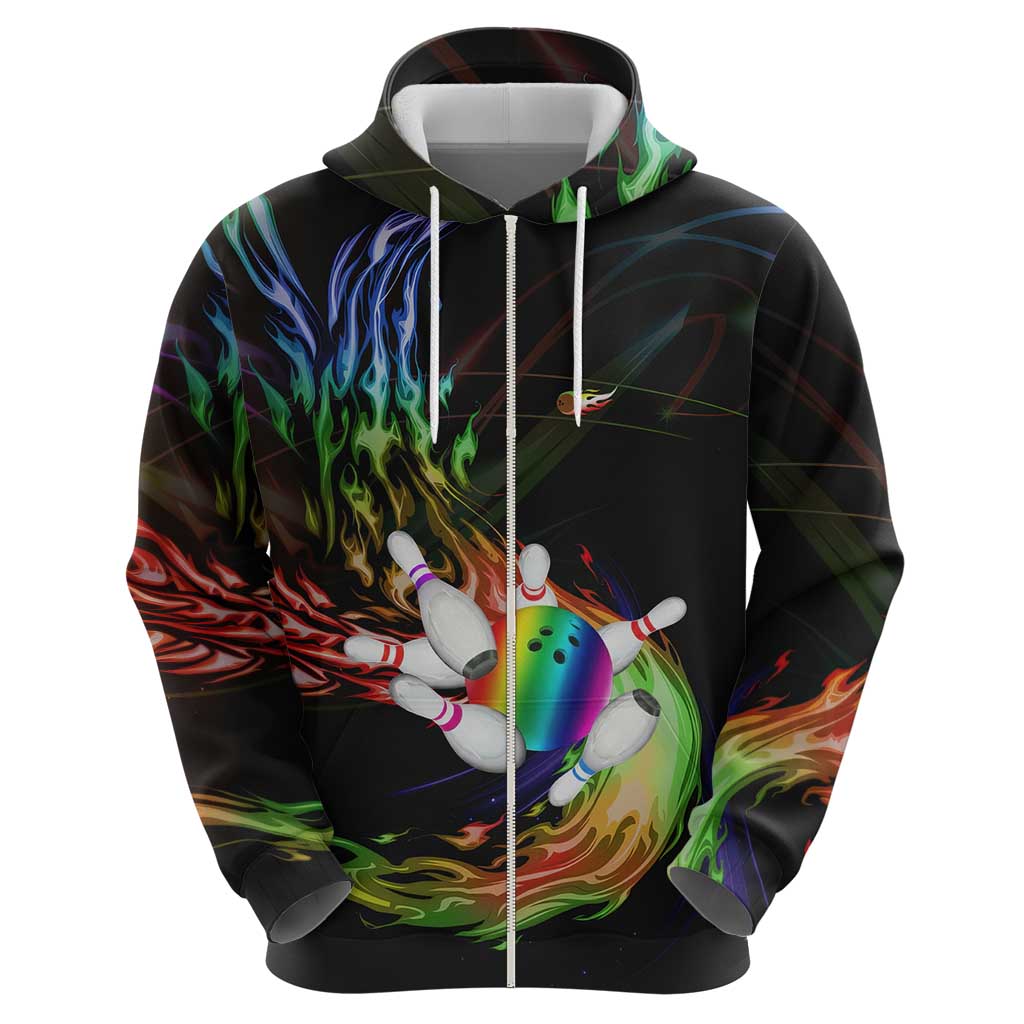 Custom Bowling Quarter Rainbow fFame Bowling Ball Zip Hoodie with Colorful Flaming Strike Design Rainbow Ball - Wonder Print Shop