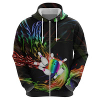 Custom Bowling Quarter Rainbow fFame Bowling Ball Zip Hoodie with Colorful Flaming Strike Design Rainbow Ball - Wonder Print Shop