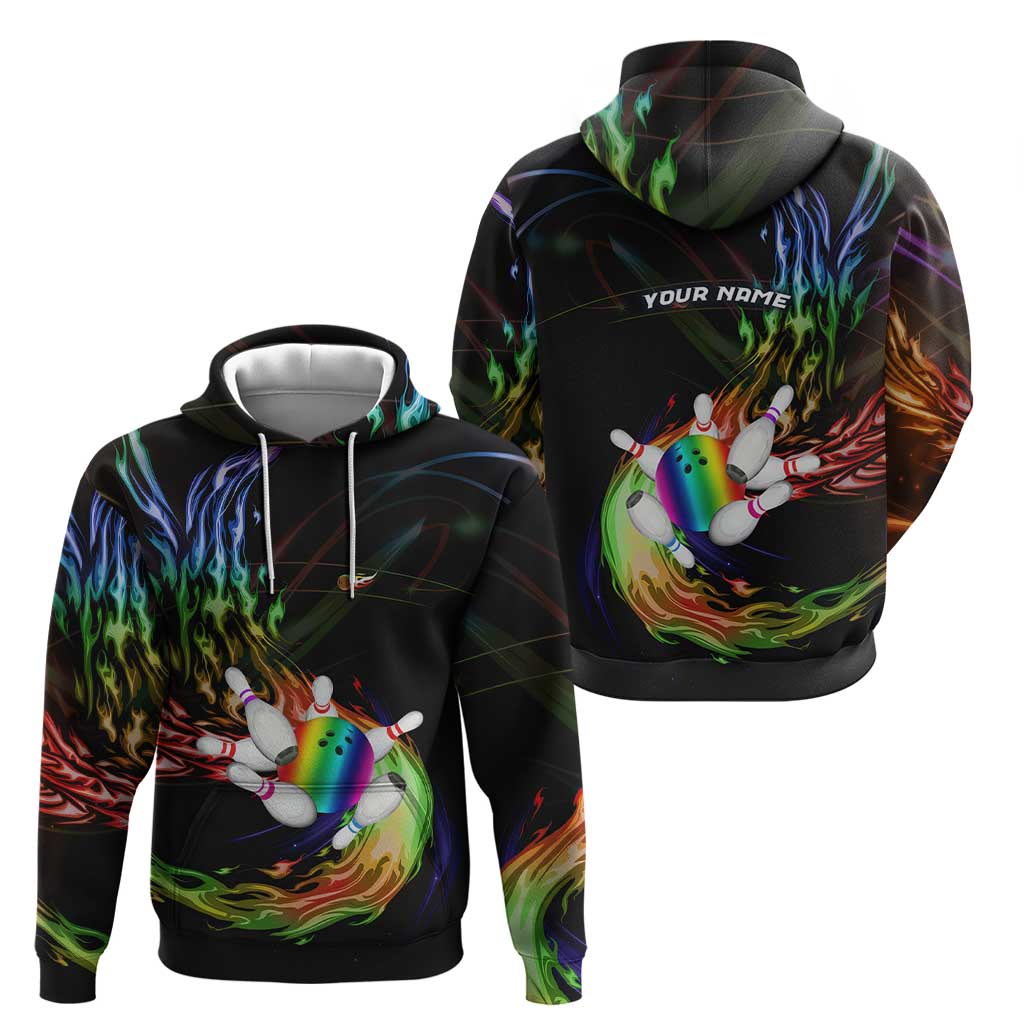 Custom Bowling Quarter Rainbow fFame Bowling Ball Zip Hoodie with Colorful Flaming Strike Design Rainbow Ball - Wonder Print Shop
