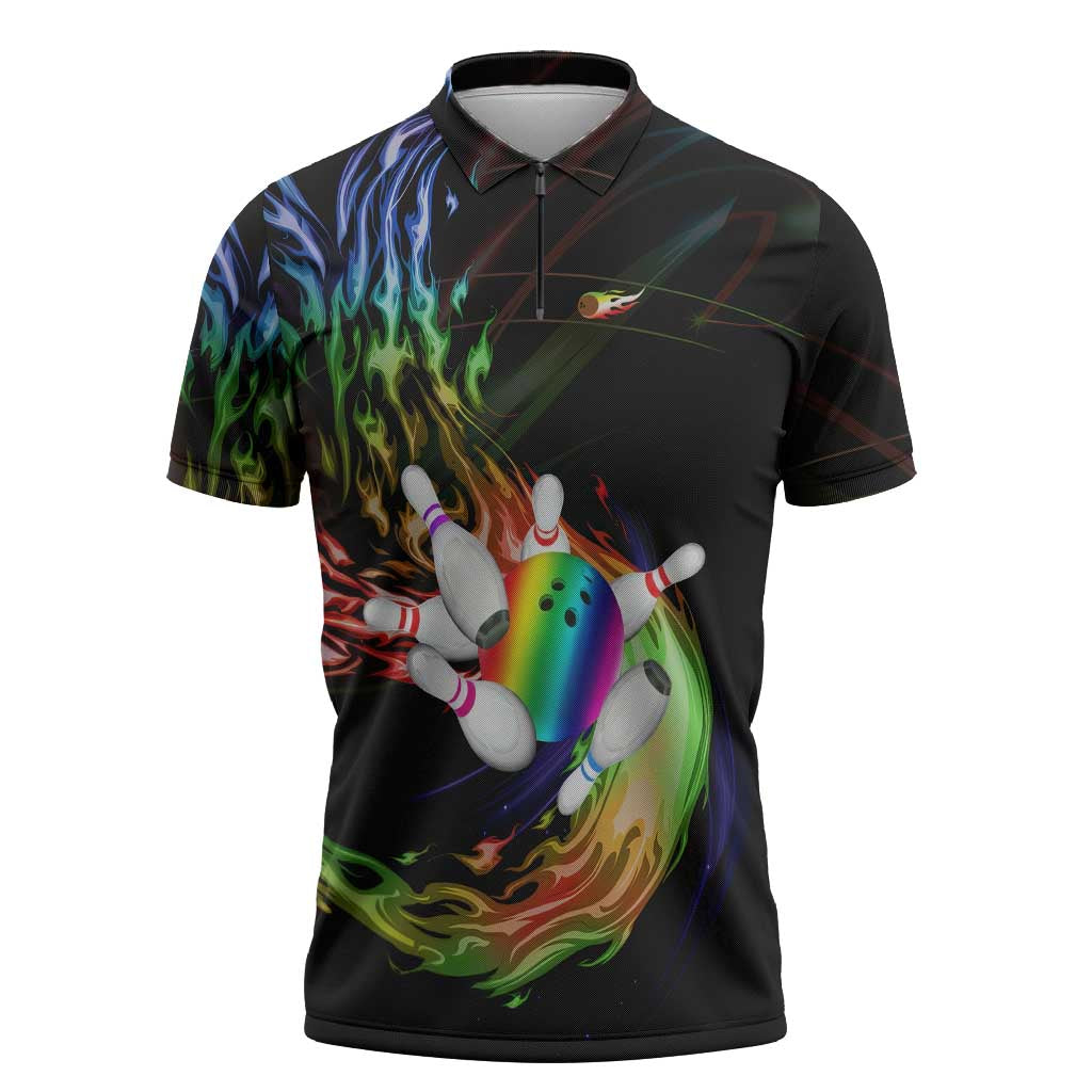 Custom Bowling Quarter Rainbow fFame Bowling Ball Zipper Polo Shirt with Colorful Flaming Strike Design Rainbow Ball - Wonder Print Shop