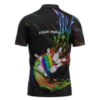 Custom Bowling Quarter Rainbow fFame Bowling Ball Zipper Polo Shirt with Colorful Flaming Strike Design Rainbow Ball - Wonder Print Shop