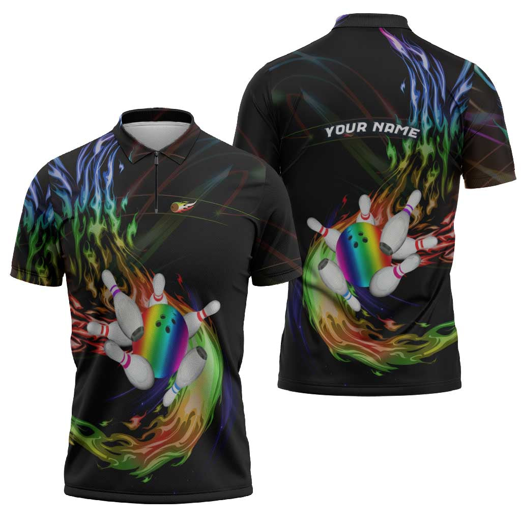 Custom Bowling Quarter Rainbow fFame Bowling Ball Zipper Polo Shirt with Colorful Flaming Strike Design Rainbow Ball - Wonder Print Shop