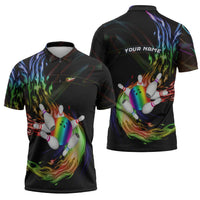 Custom Bowling Quarter Rainbow fFame Bowling Ball Zipper Polo Shirt with Colorful Flaming Strike Design Rainbow Ball - Wonder Print Shop