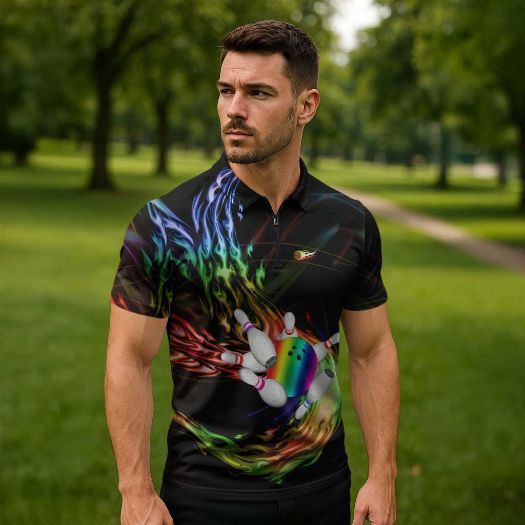 Custom Bowling Quarter Rainbow fFame Bowling Ball Zipper Polo Shirt with Colorful Flaming Strike Design Rainbow Ball - Wonder Print Shop
