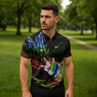 Custom Bowling Quarter Rainbow fFame Bowling Ball Zipper Polo Shirt with Colorful Flaming Strike Design Rainbow Ball - Wonder Print Shop